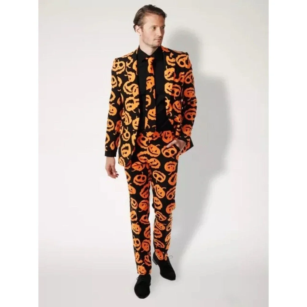 Spirit Halloween Men's Novelty Jack-o-Lantern Print Suit Size S Halloween Party